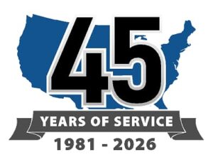 RM Trucking 45 years of service logo.